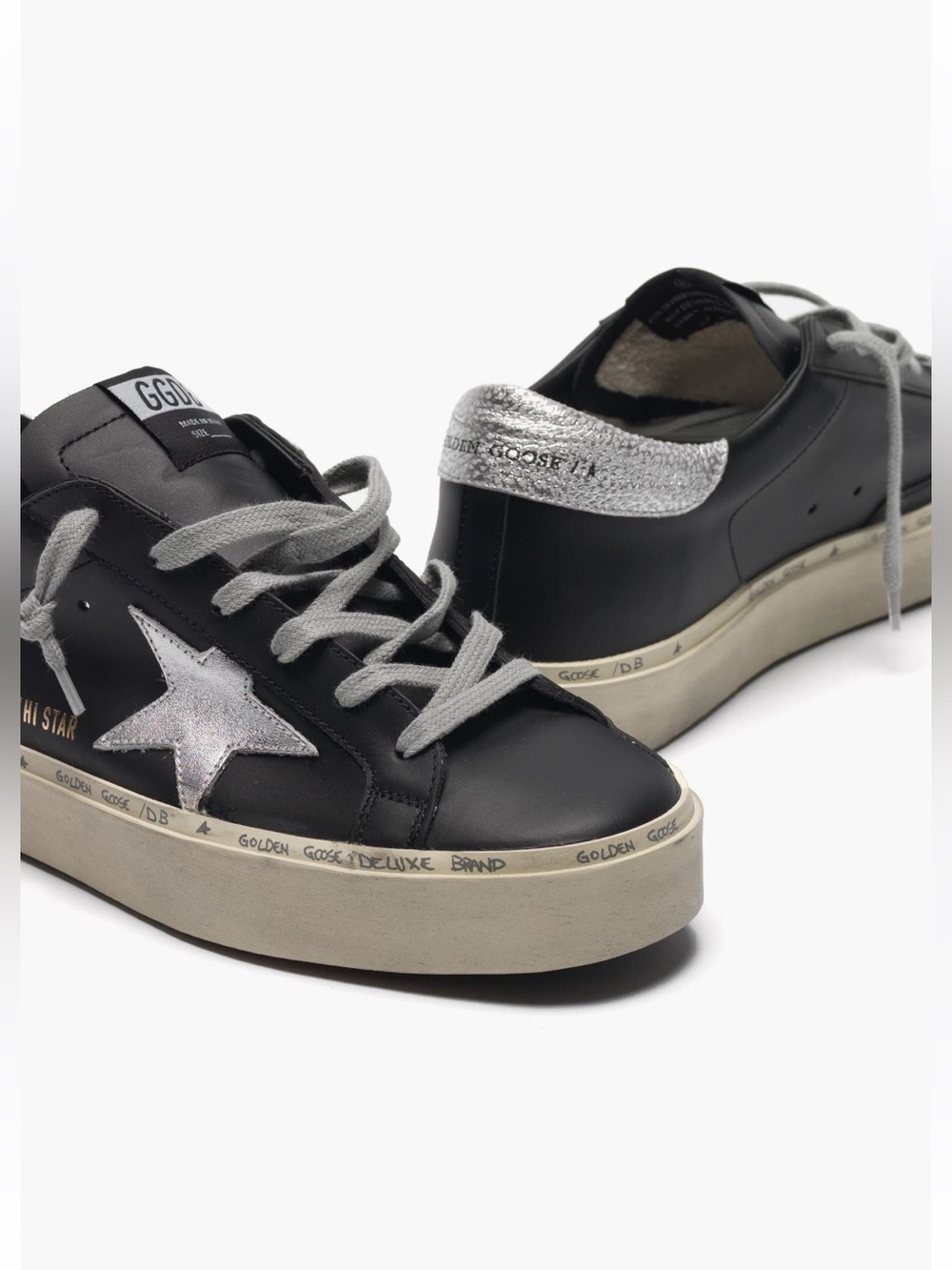 Golden Goose Black Leather Sneakers with Silver Star and Heel. Size 9